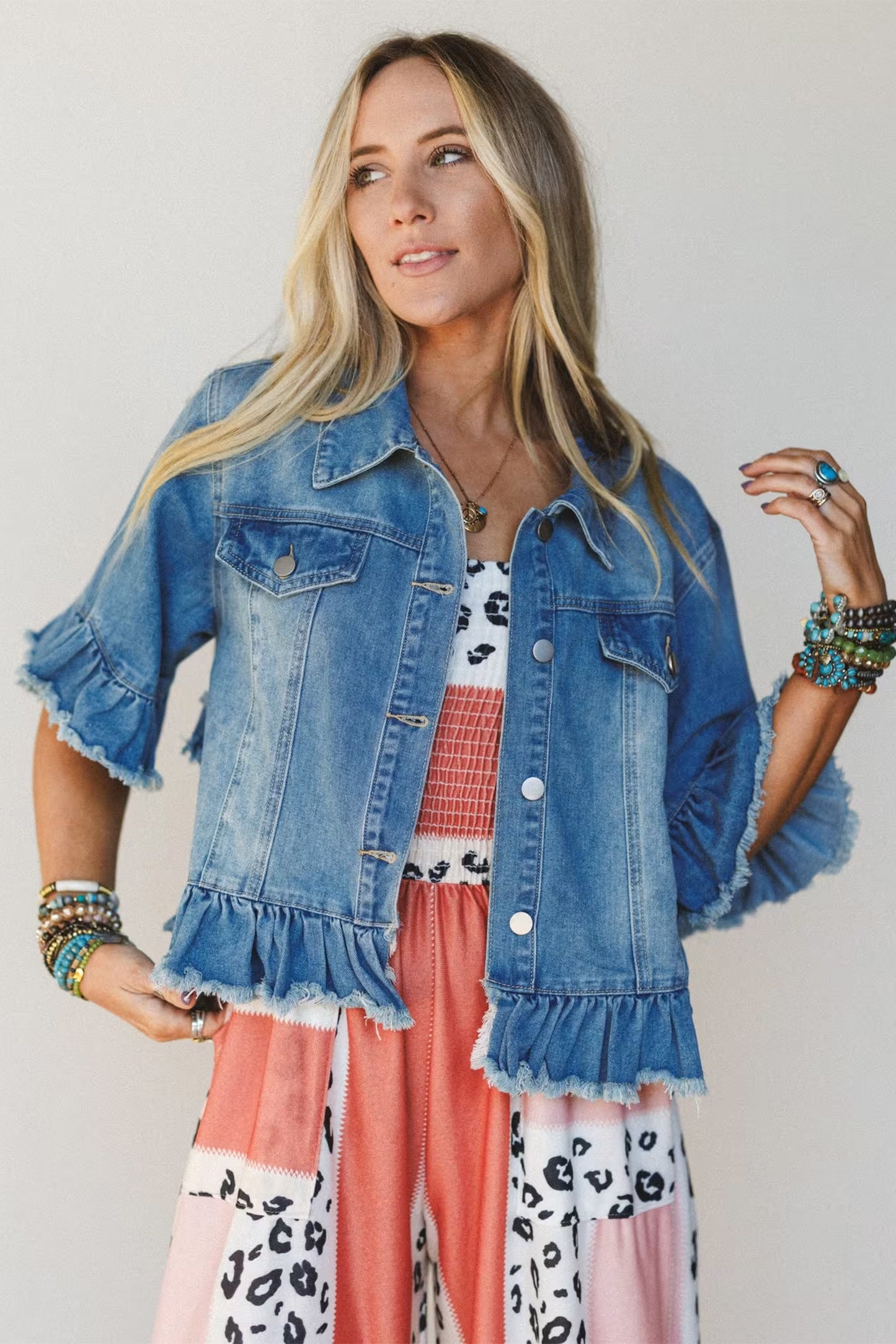 Blue Ruffle Hem Denim Jacket Half Sleeve Western Style