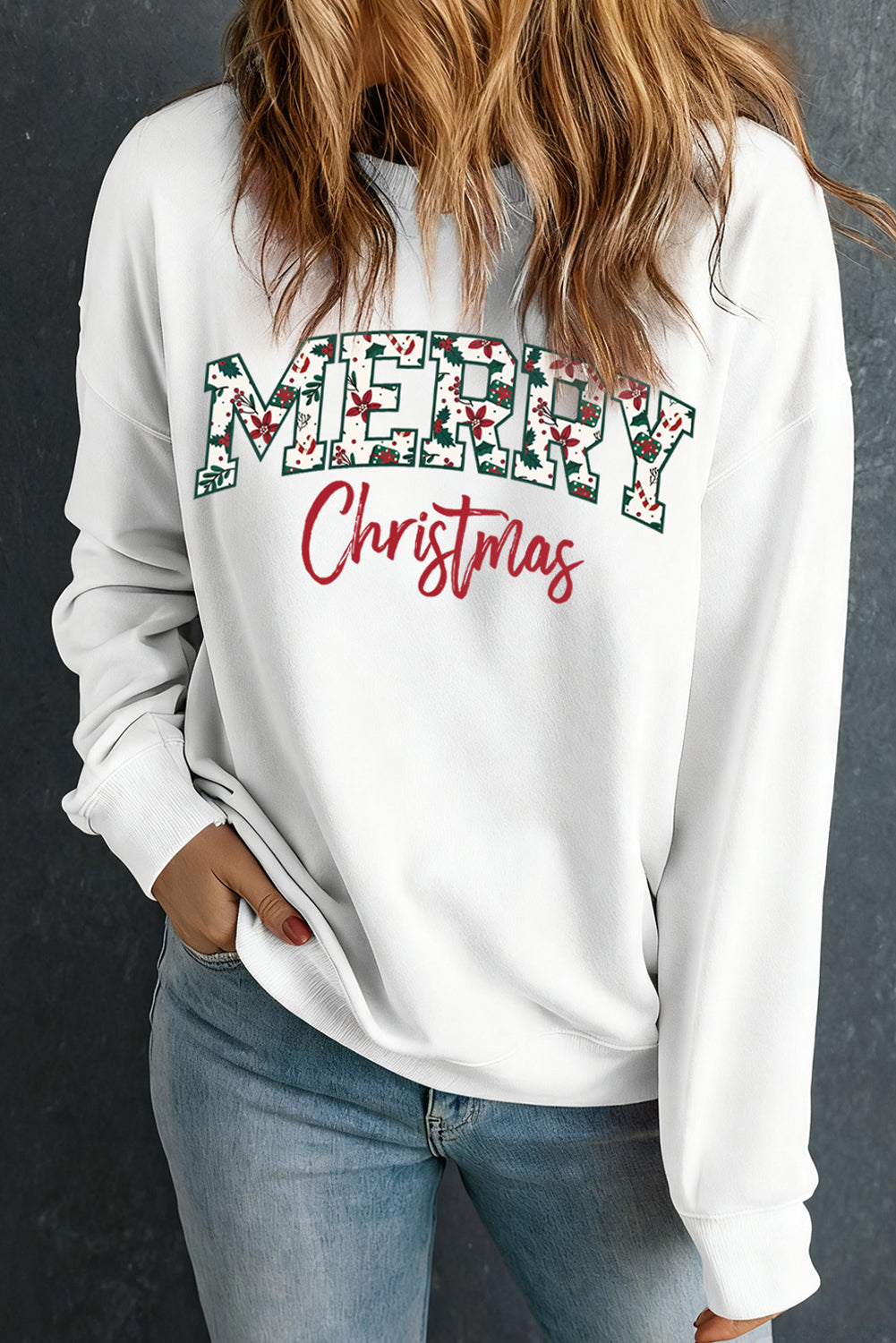 White Merry Christmas Graphic Heat Transfer Printing Cotton Blend Sweatshirt