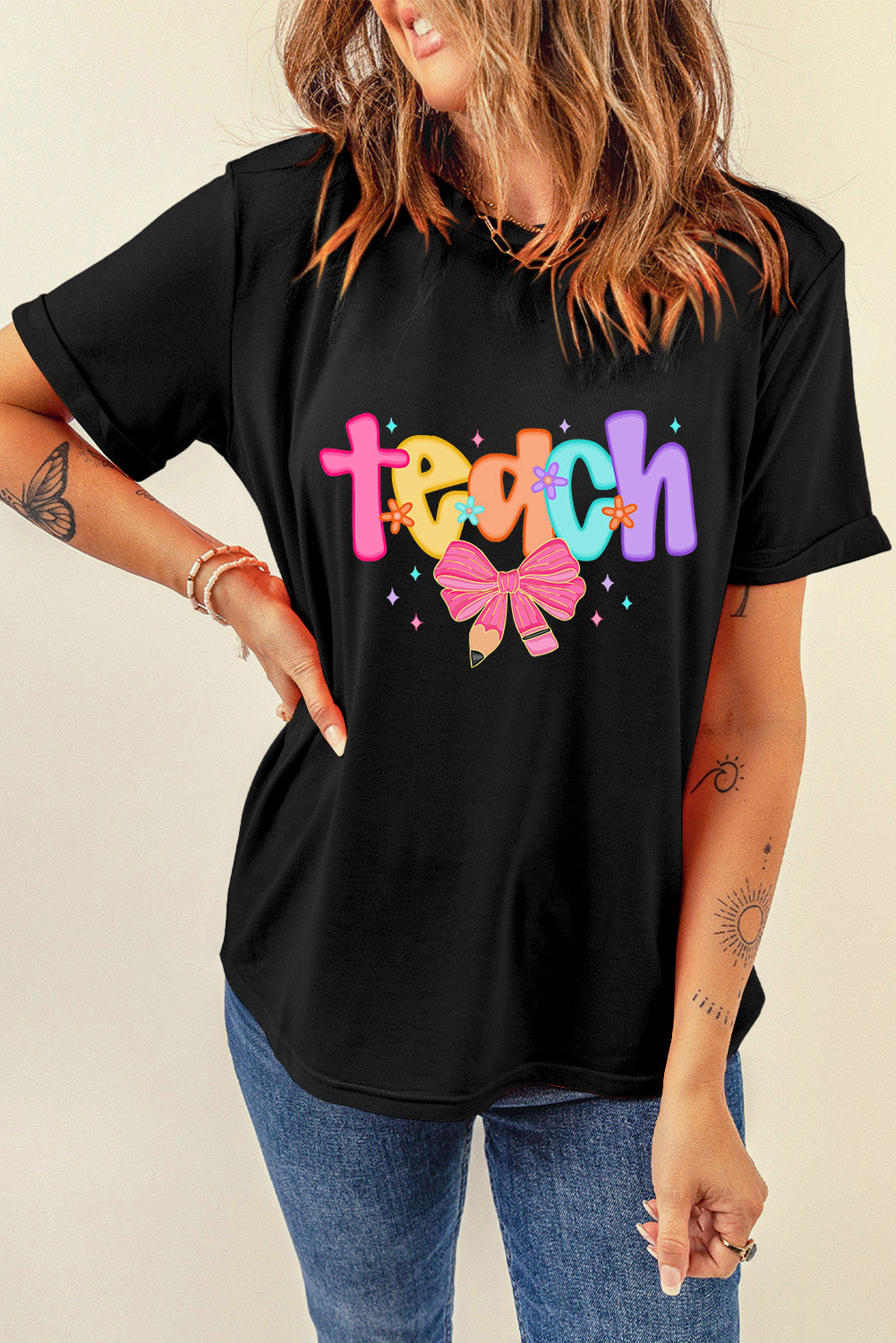 Black Teach Bow Heat Transfer Printing Graphic Holiday Tee