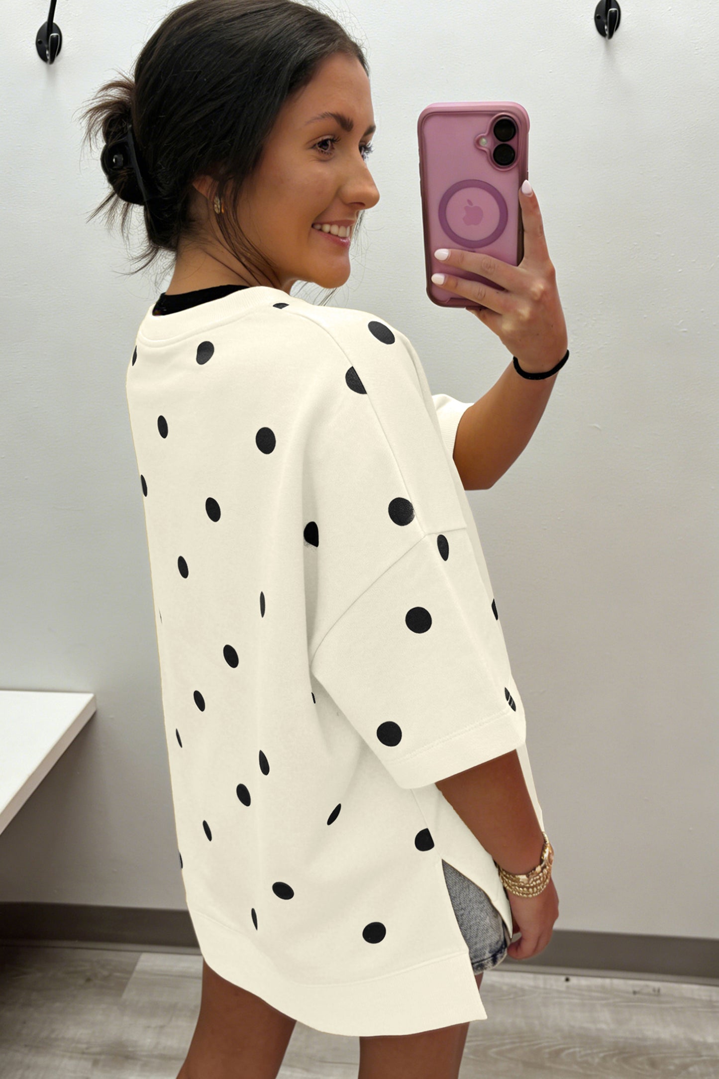 Beige Polka Dot Print Crossed Seam Detail Oversize Tee