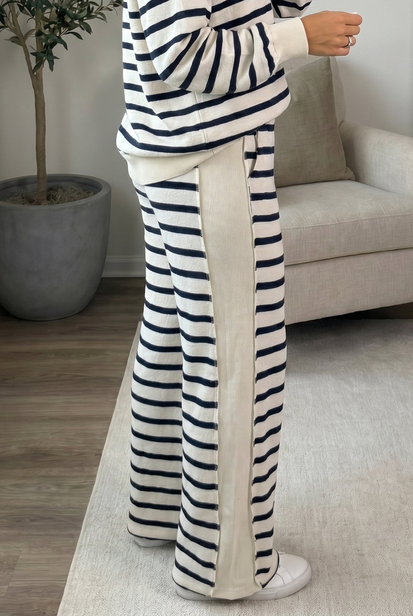 Blue Stripe Striped Ribbed Cuff Collar Pocket Loose Pant Set