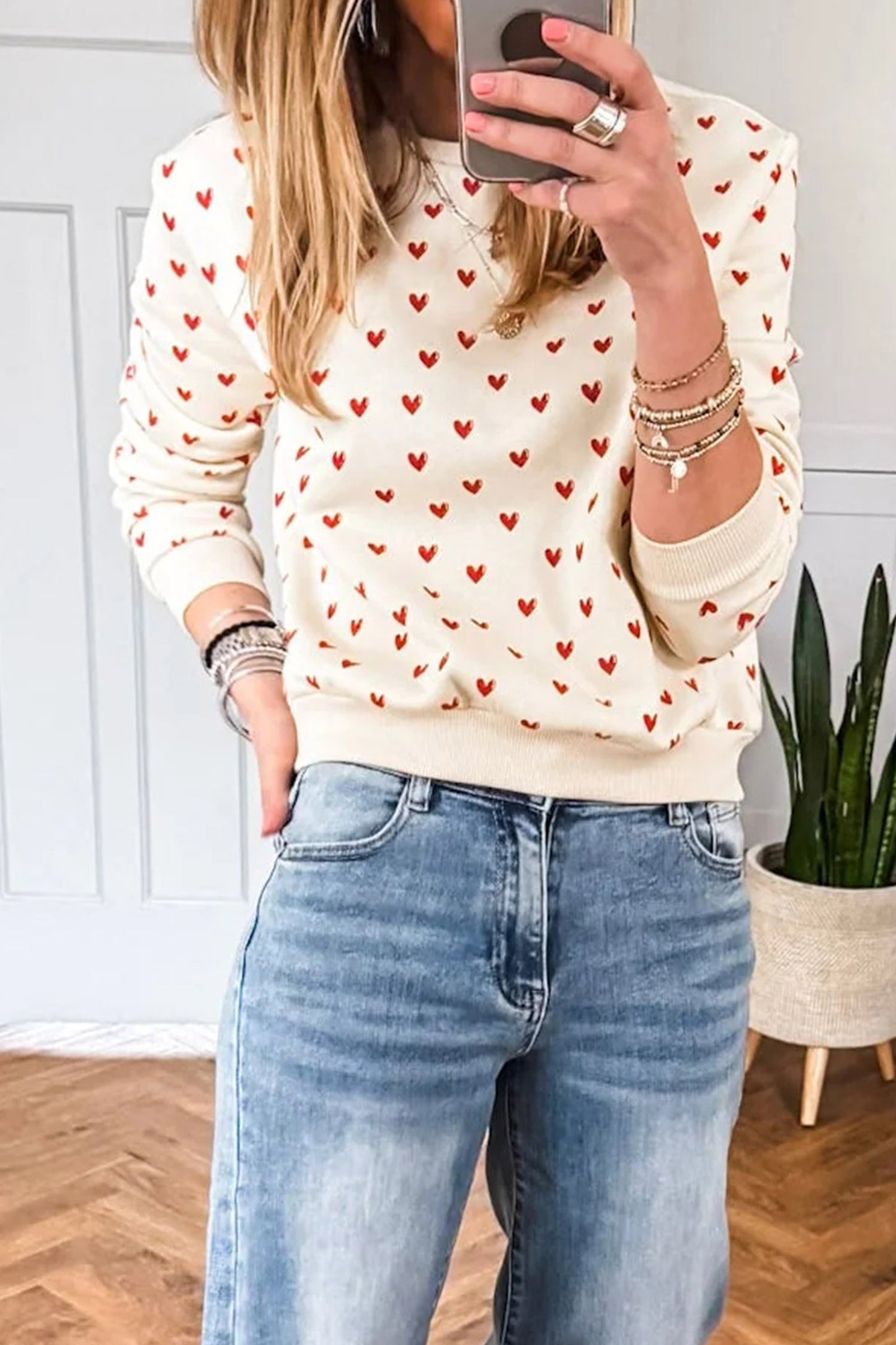 Beige Heart Print Ribbed Trim Casual Sweatshirt