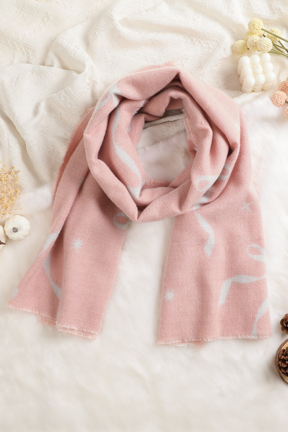 Pink Bow Star Print Raw Edge Lightweight Scarf
