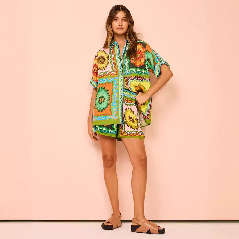 Sunflower Print Elastic Waist Shorts Set
