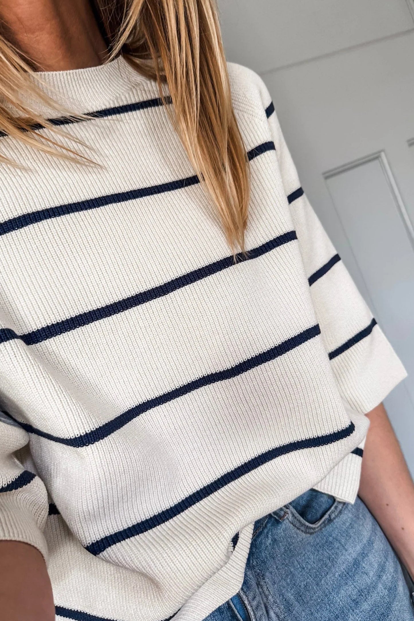 White Stripe Ribbed Knit Half Sleeve Loose Sweater Tee