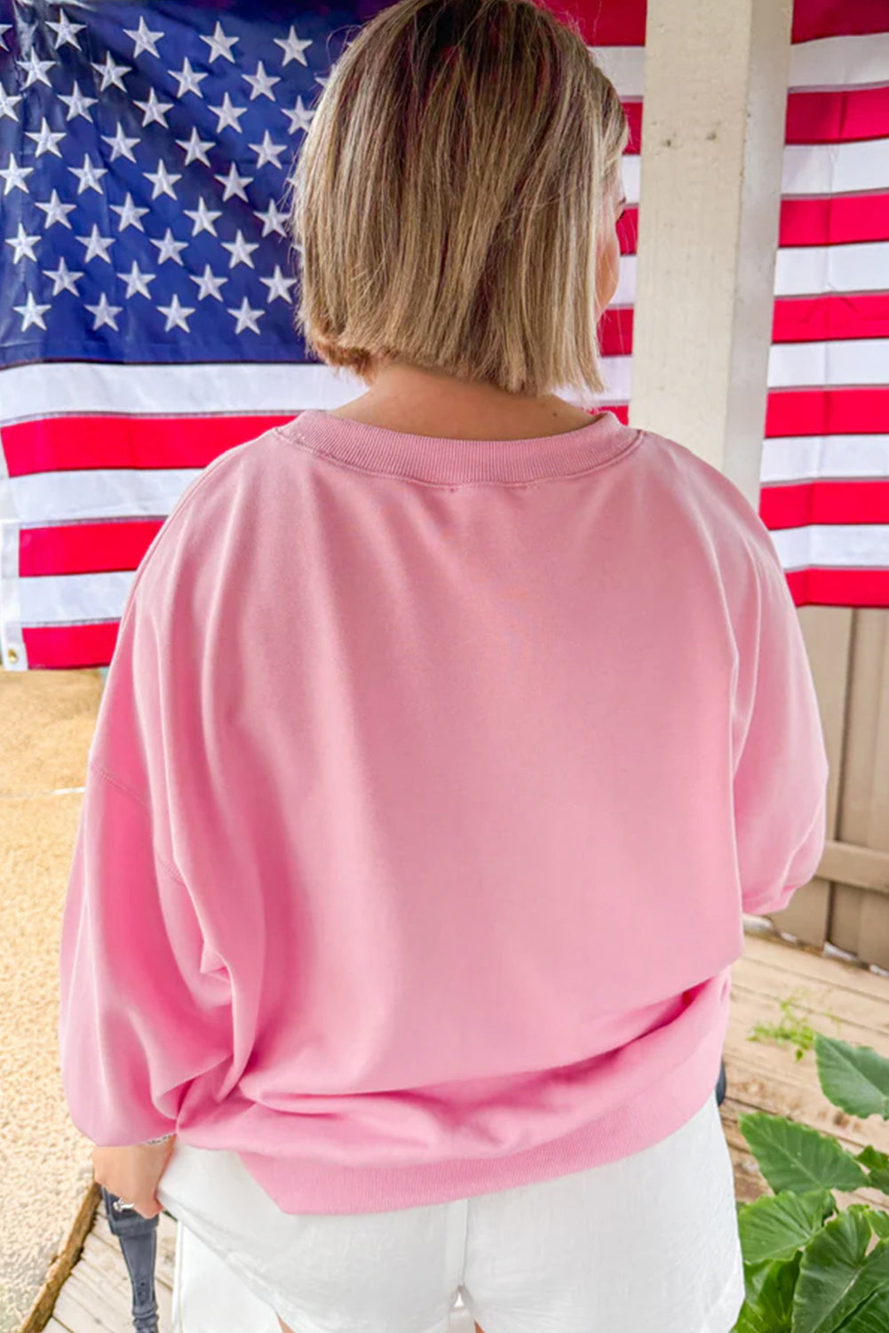 Pink Floral USA Map Patched Graphic Patriotic Sweatshirt