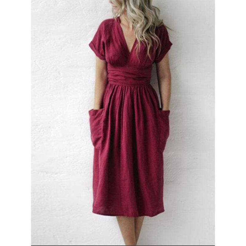 Cotton and linen casual pocket dress