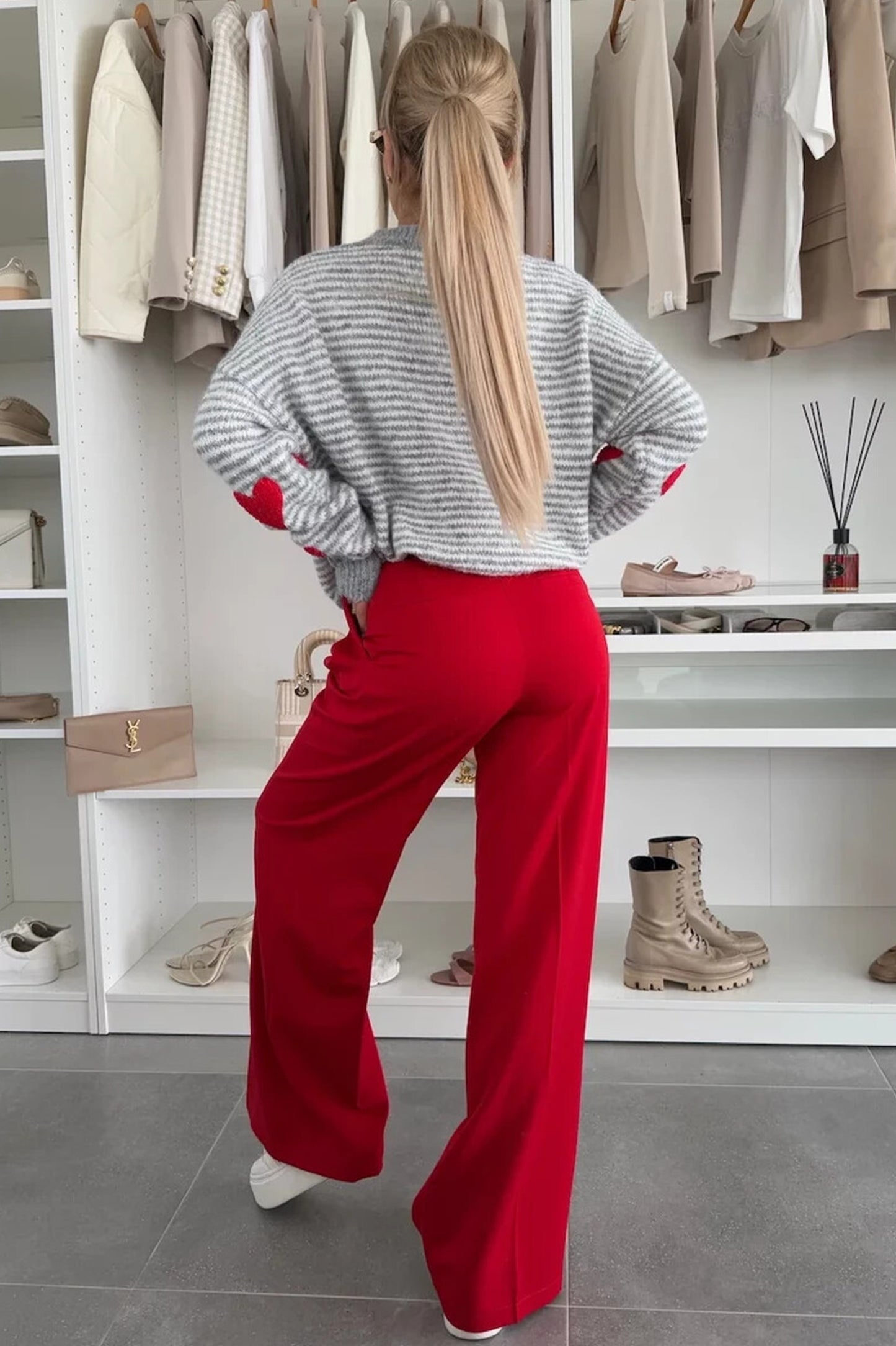 Gray Stripe Contrast Heart Pattern Valentine Knit Sweater