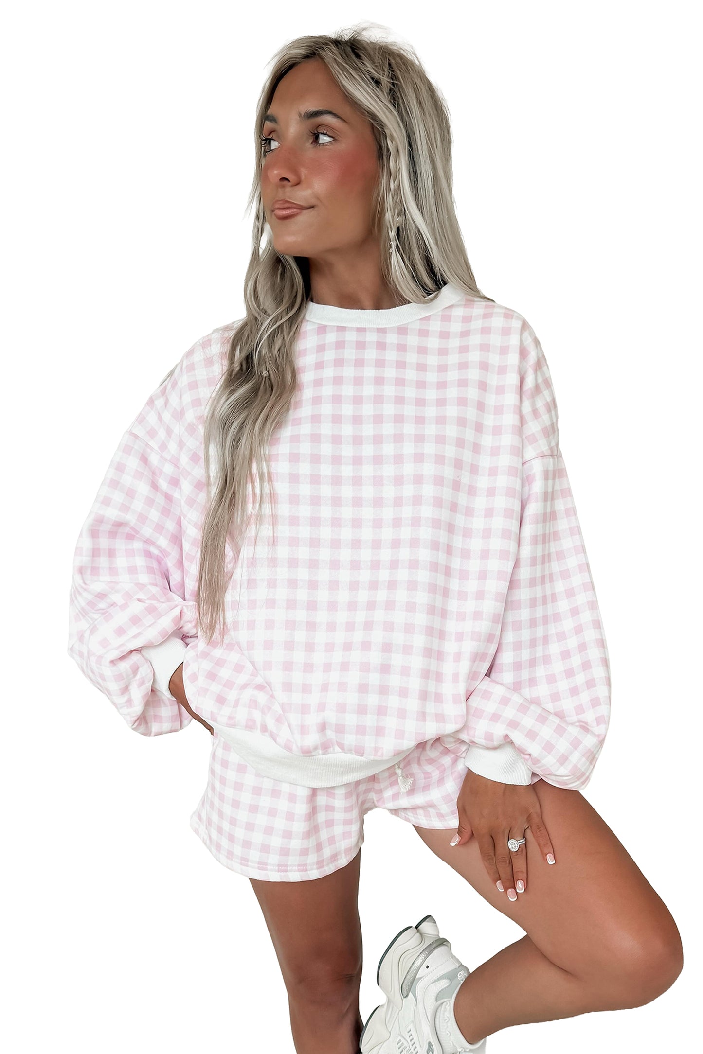 Sky Blue Plaid Baggy Pullover Drawstring Casual Shorts 2pcs Outfit