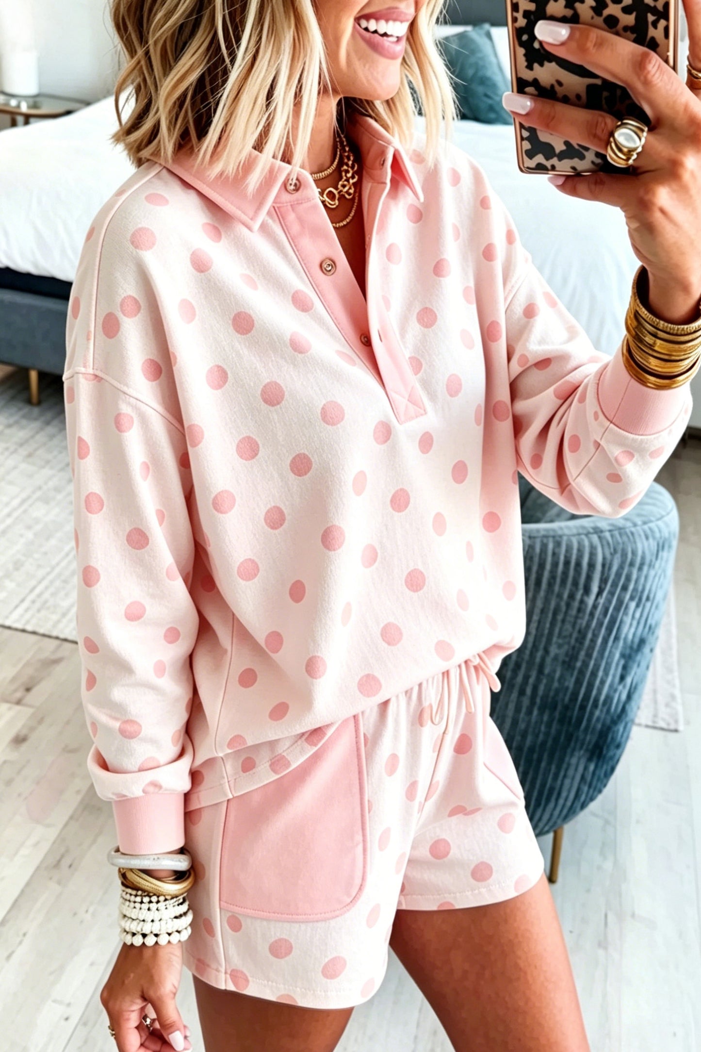 Pink Polka Dot Contrast Patchwork Detail Long Sleeve Top Short Set