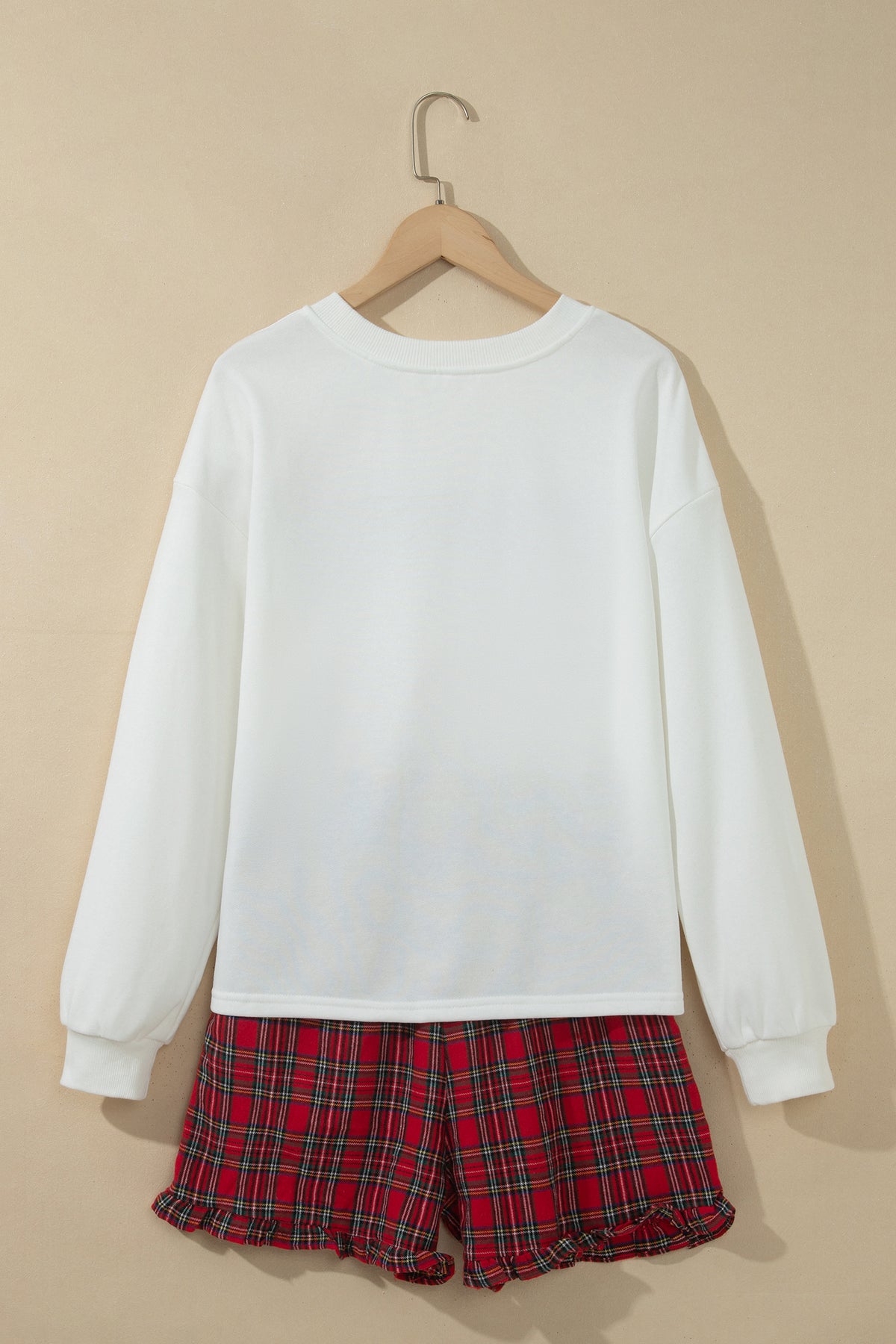 White Plaid Merry Slogan Embroidered Pocket Long Sleeve Shift Lounge Set