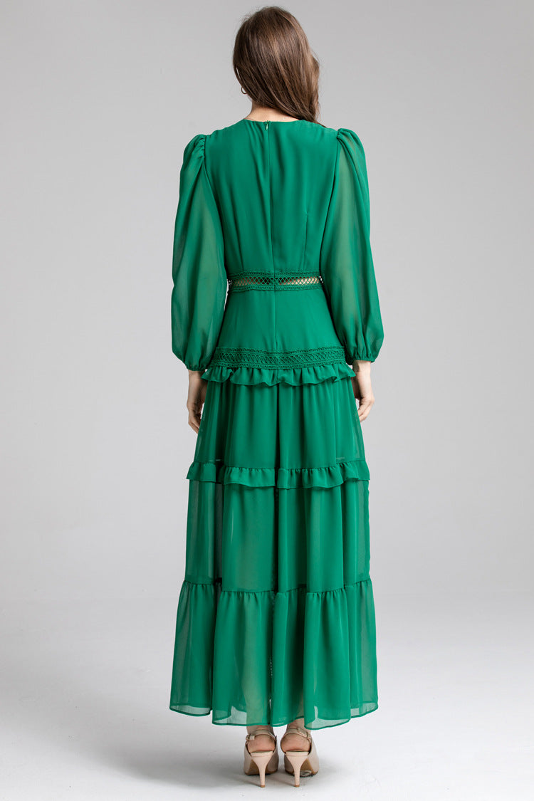 women's long dress with ruffle details