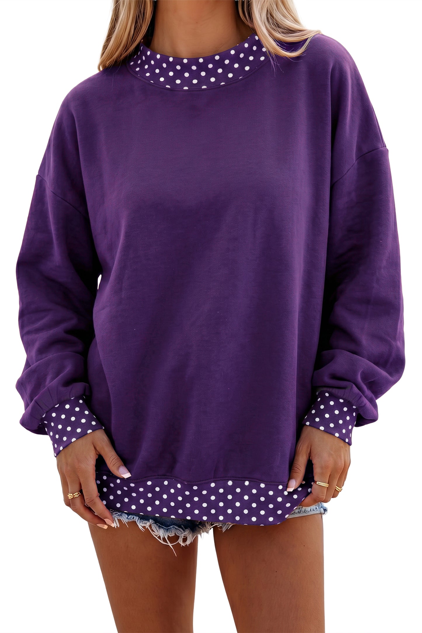 Red Dahlia Colorblock Polka Dot Contrast Trim Oversized Sweatshirt