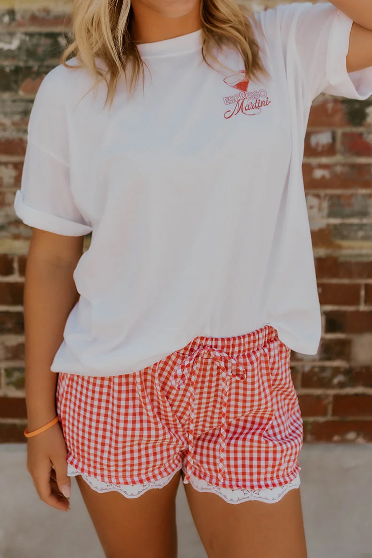 Red Gingham Plaid Tie Elastic Waist Lace Patchwork Hem Casual Shorts
