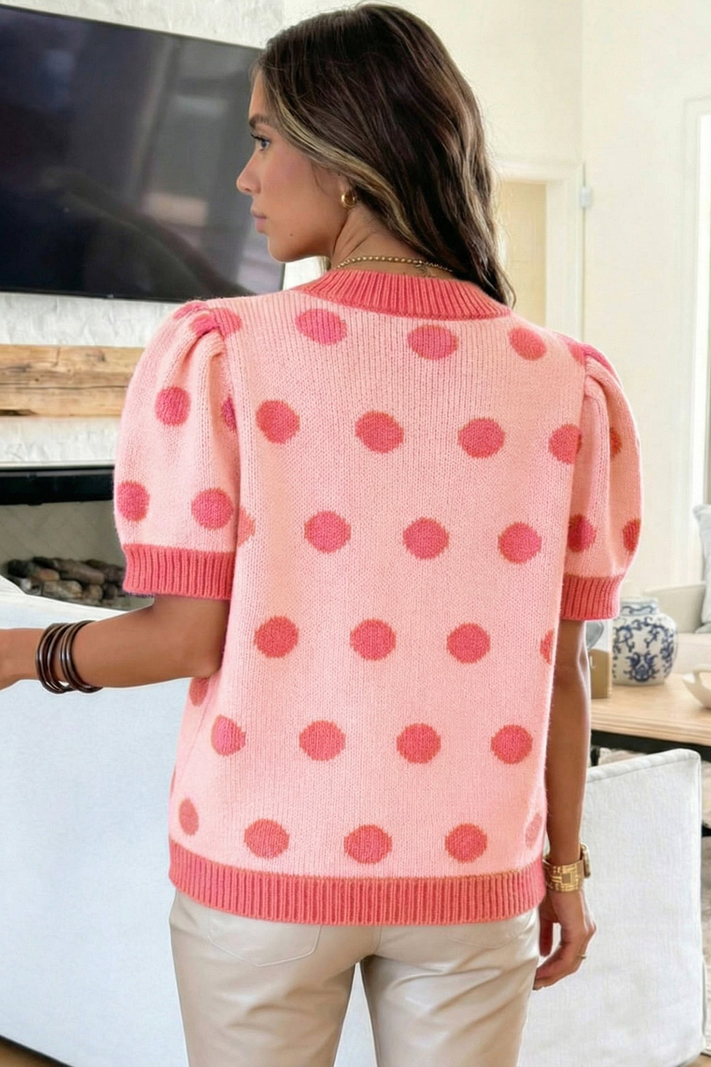 Rose Red Polka Dot Puff Short Sleeve Sweater Top