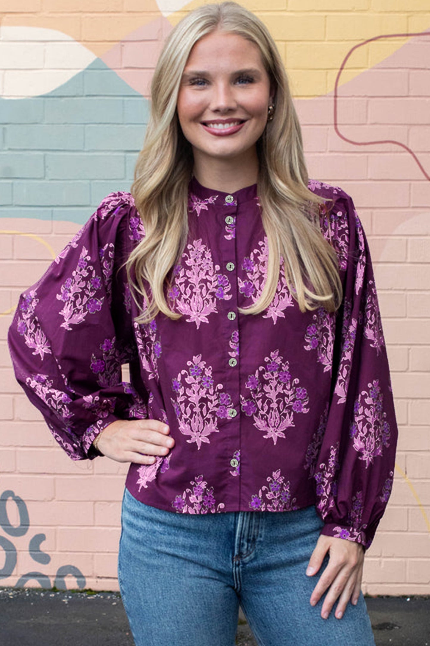 Purple Floral Print Button-Up Long Sleeve Regular Fit Shift Blouse