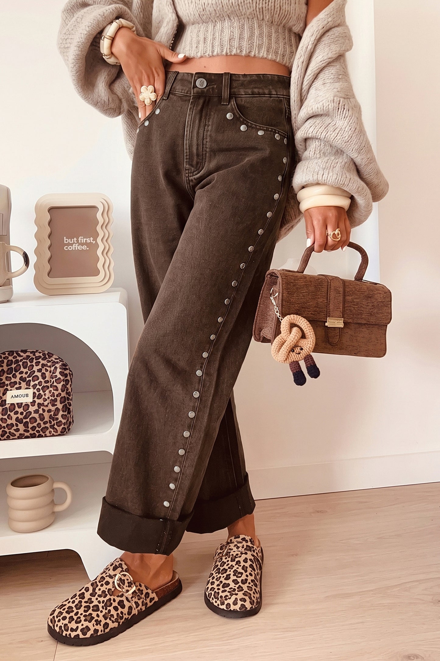 Black Studded Detail Straight Leg Casual Loose Jeans