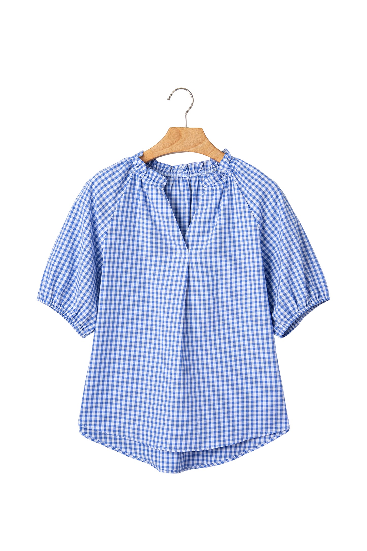 Sky Blue Summer Plaid V Neck Puff Sleeve Blouse