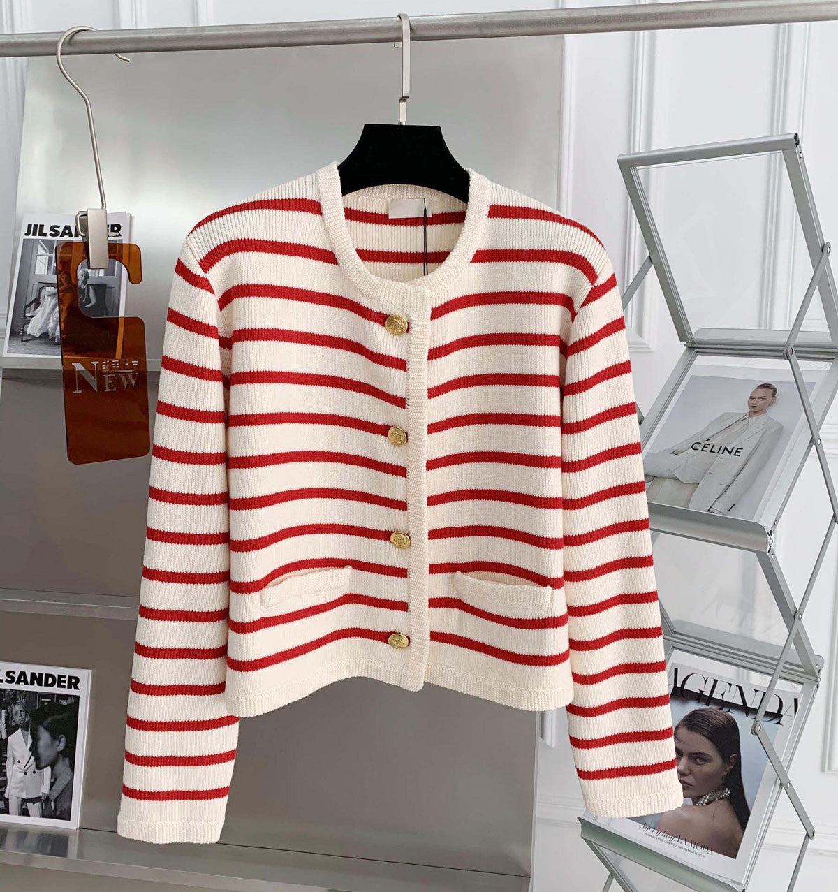 striped round-neck knitted sweater cardigan