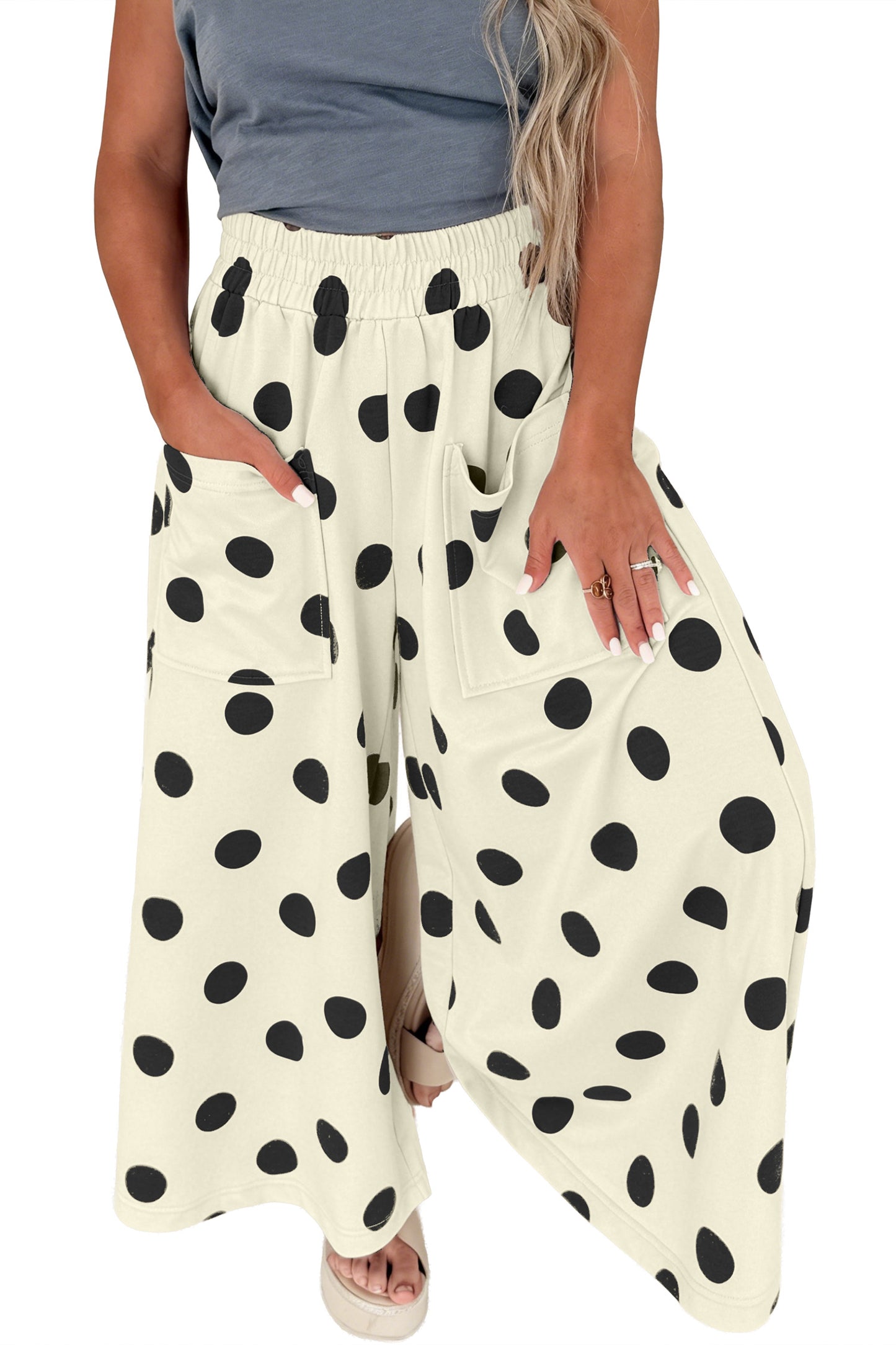 Sky Blue Polka Dot Wide Leg Elastic Waist Casual Pants
