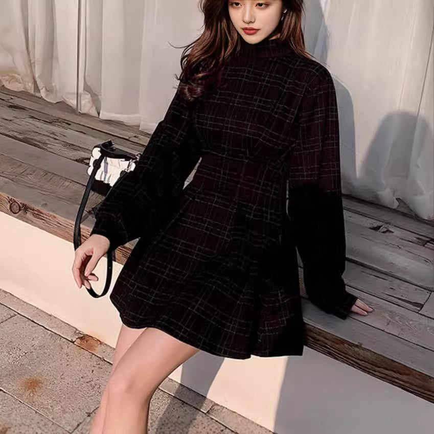 Plaid waist-cinching dress, little black dress