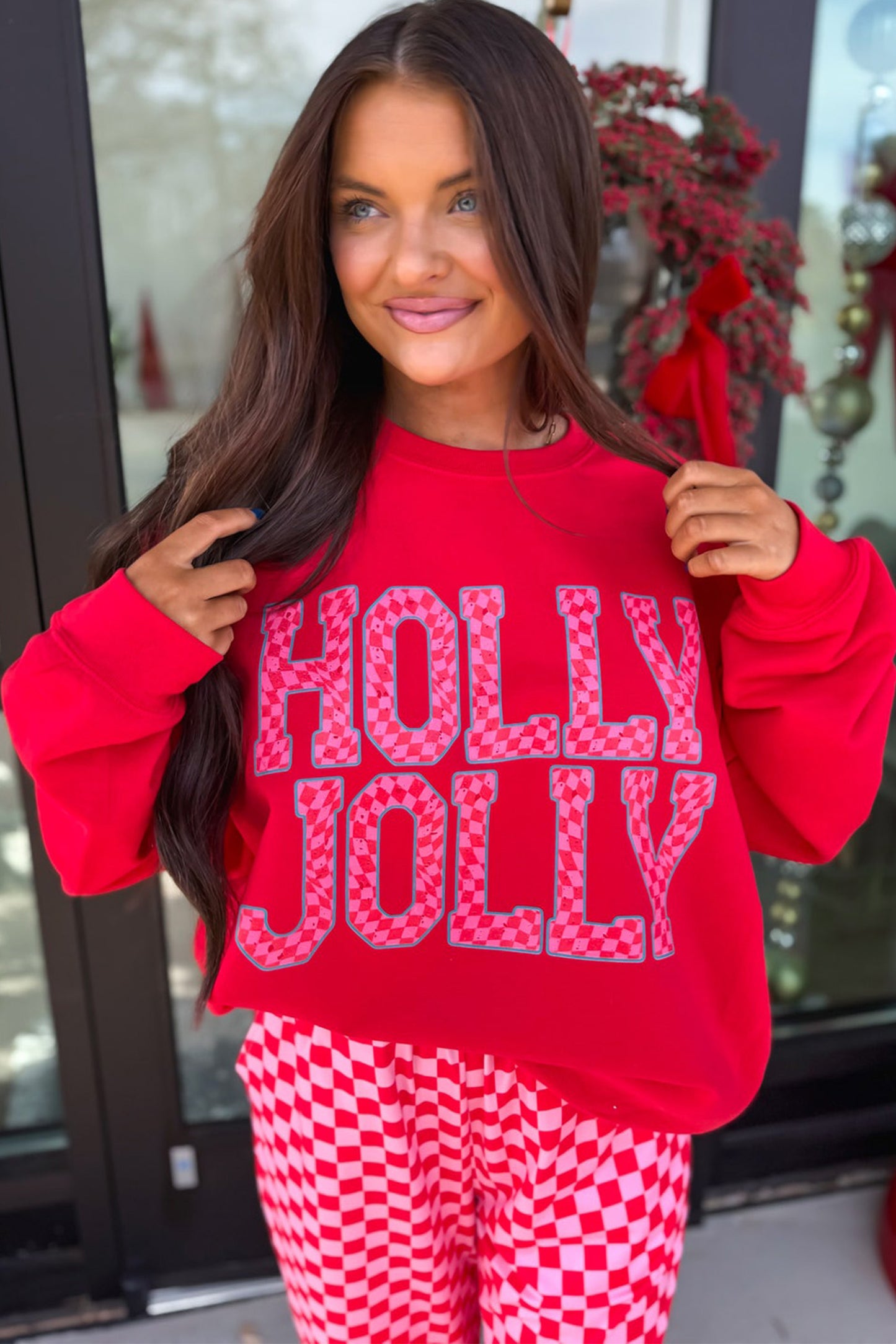 Red Merry Graphic Plaid Christmas Lounge Pant Set