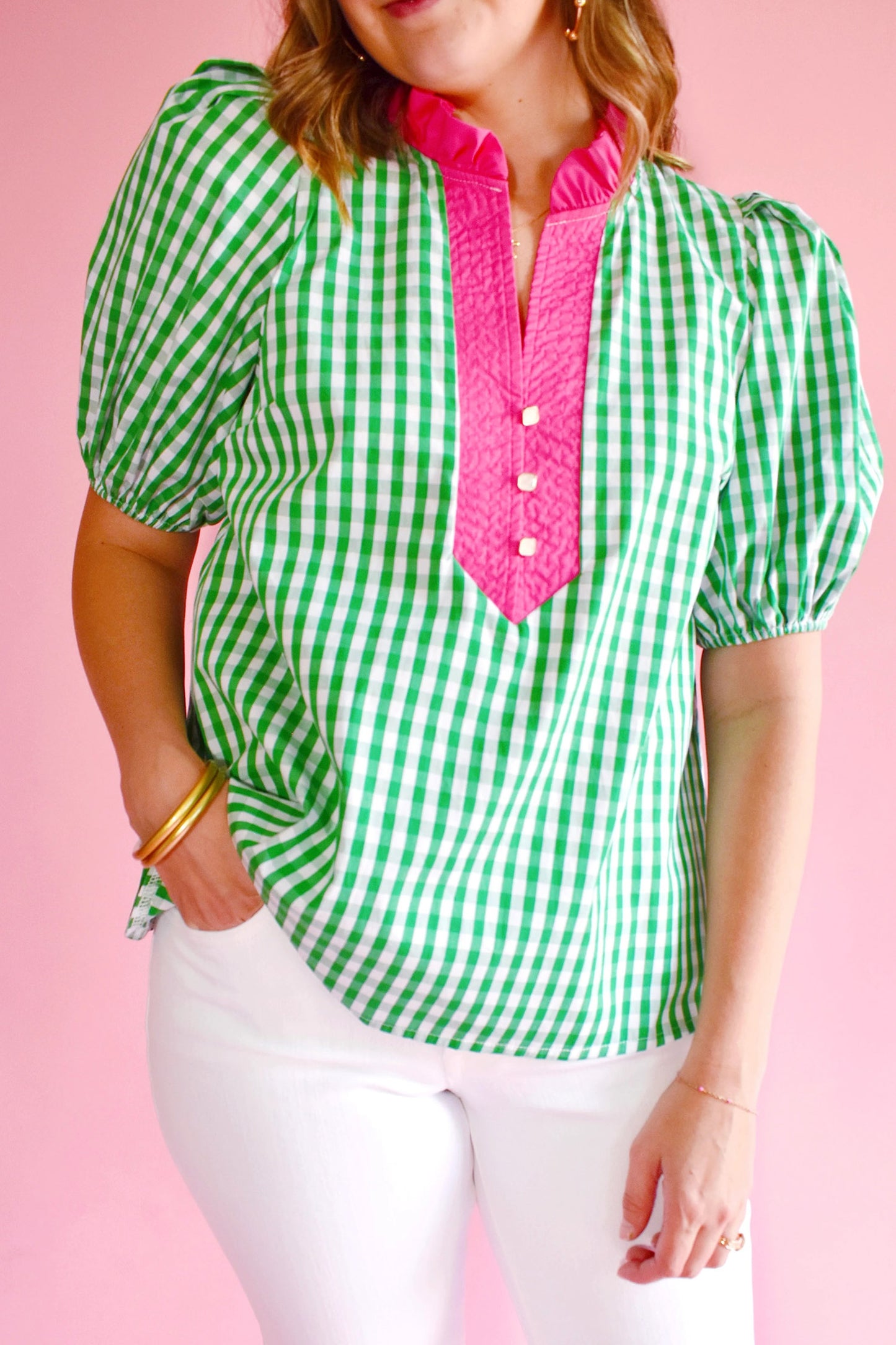 Green Gingham Plaid Bubble Sleeve Colorblock Trim V Neck Blouse