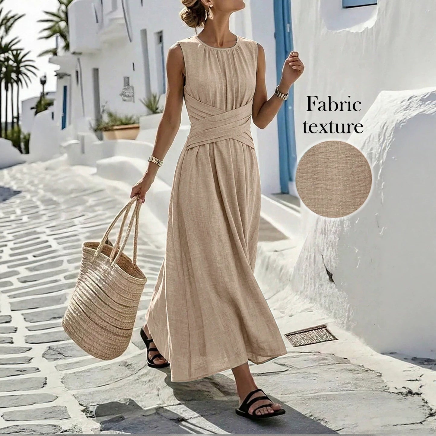 sleeveless waist-cinching long dress