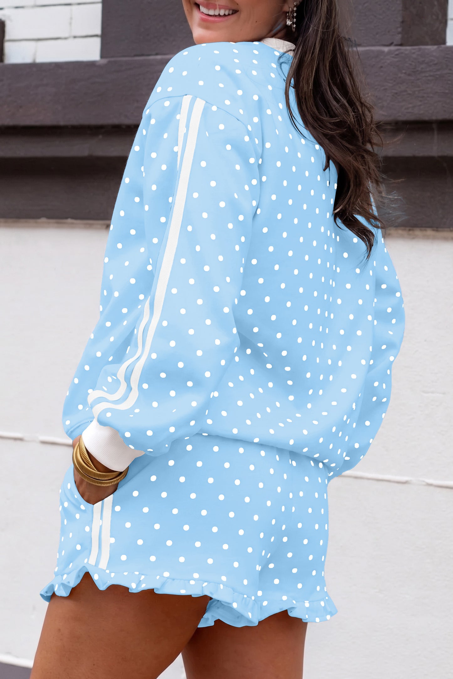 Brown Polka Dot Print Side Stripe Detail Casual Sweatshirt 2pcs Short Set