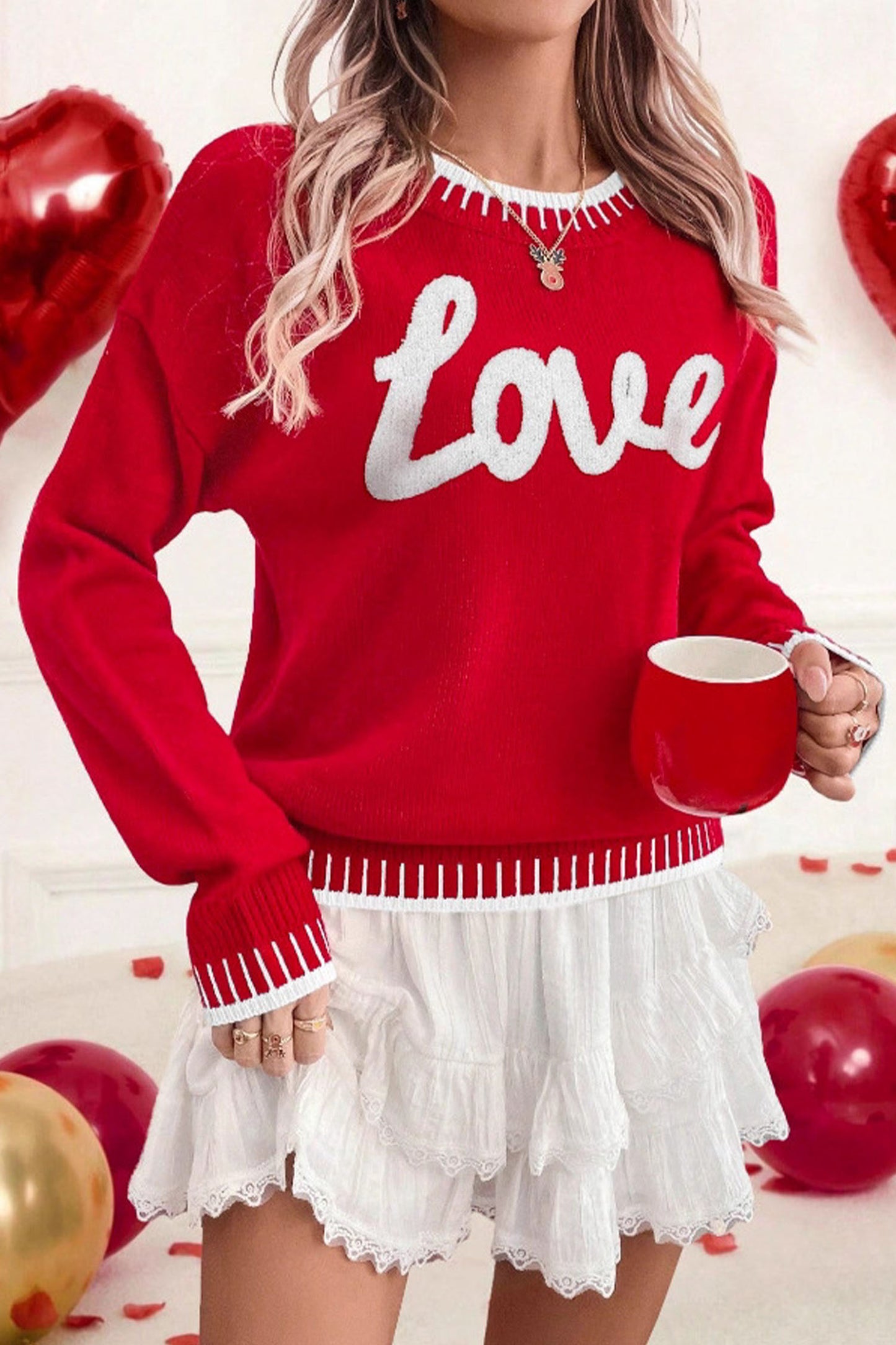 Fiery Red Valentine Love Chenille Letter Graphic Sweater