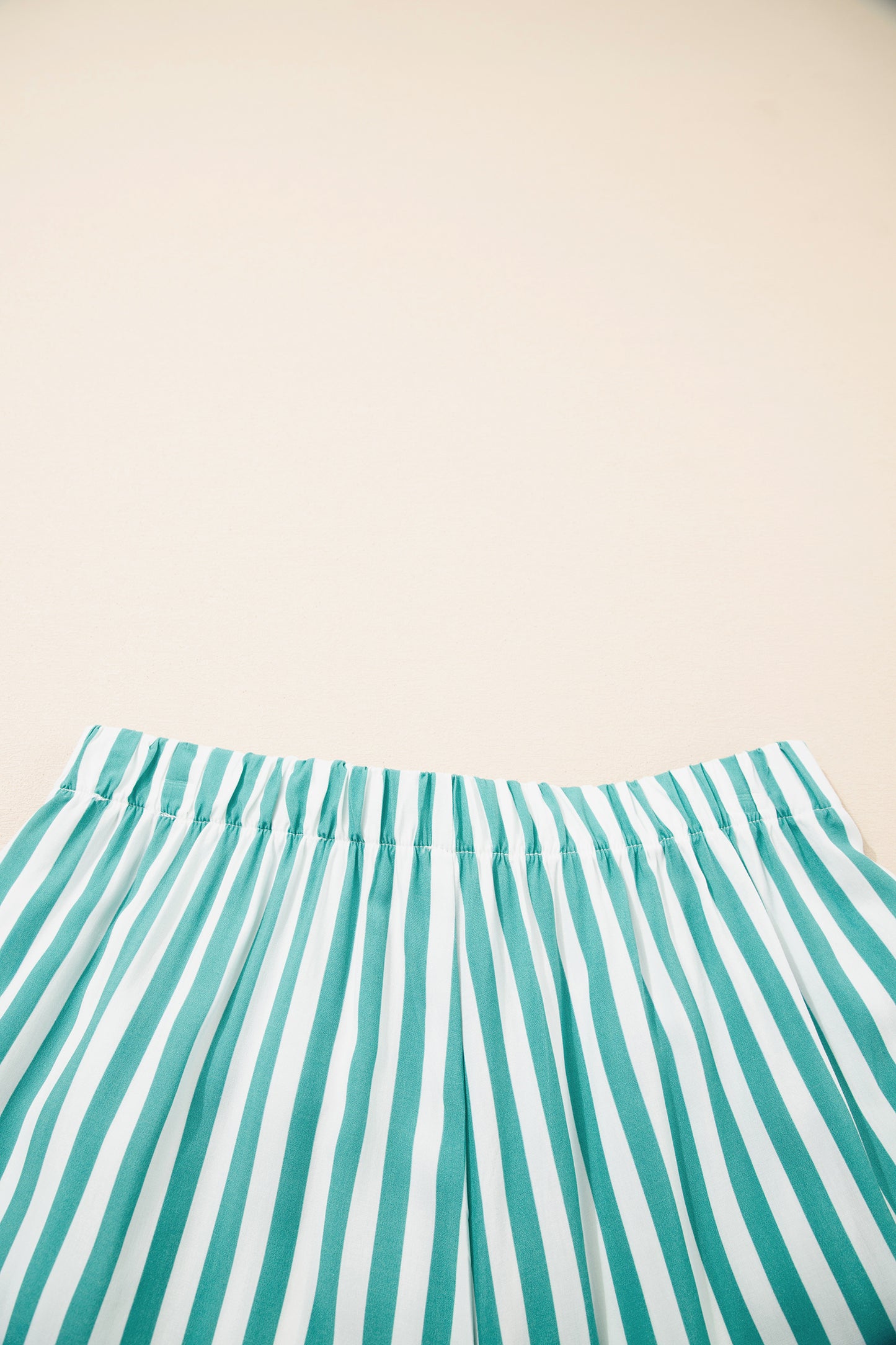 Green Stripe Contrast Ricrac Trim Long Sleeve Shirt Drawstring Ruffled Pajama Short Set