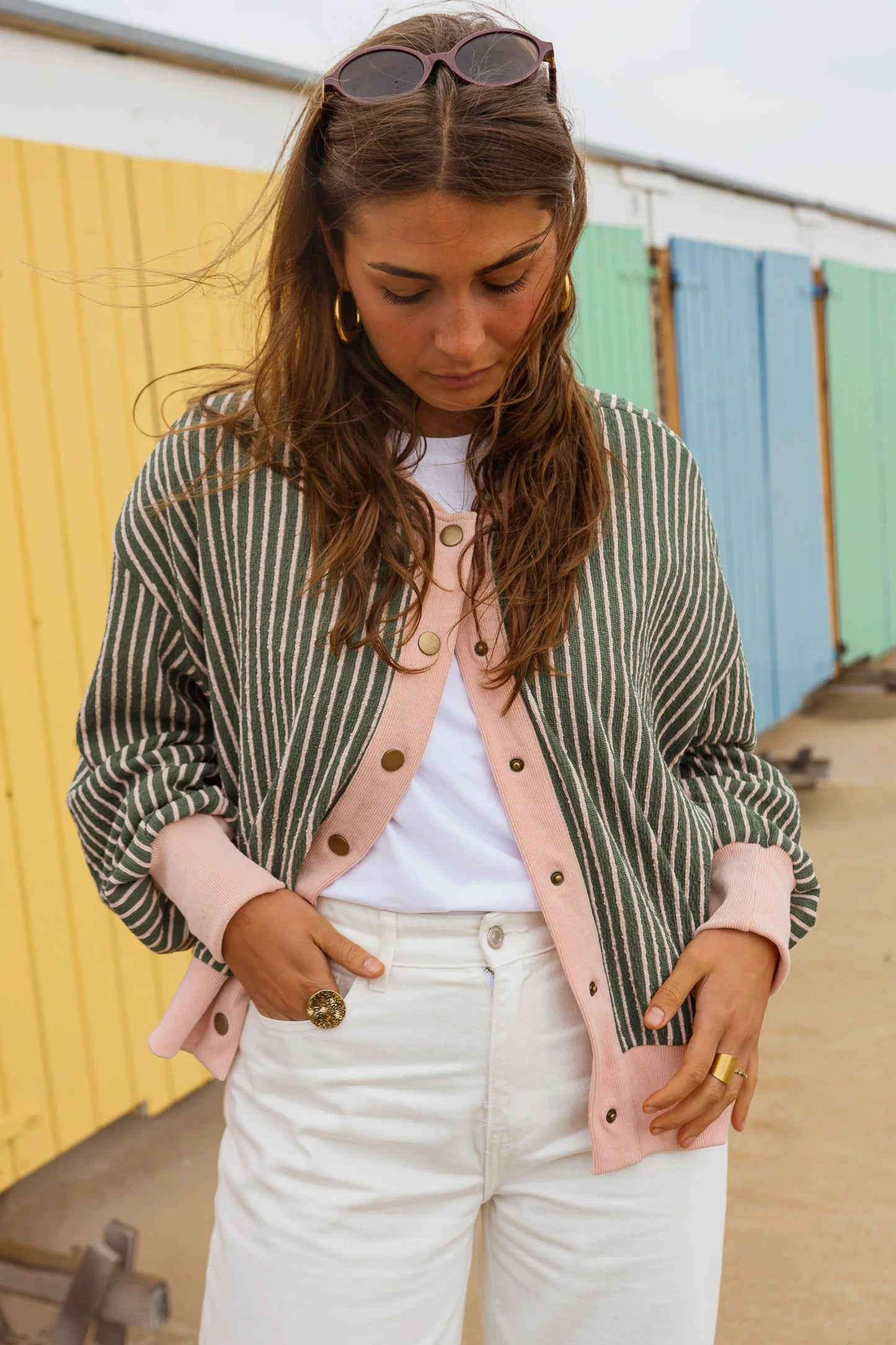 Green Stripe Striped V Neck Patchwork Long Sleeve Regular Fit Cardigan