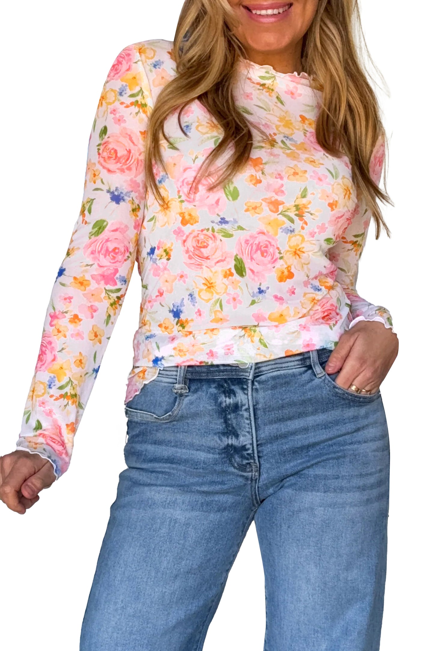 White Lettuce Trim Floral Print Sheer Mesh Long Sleeve Top