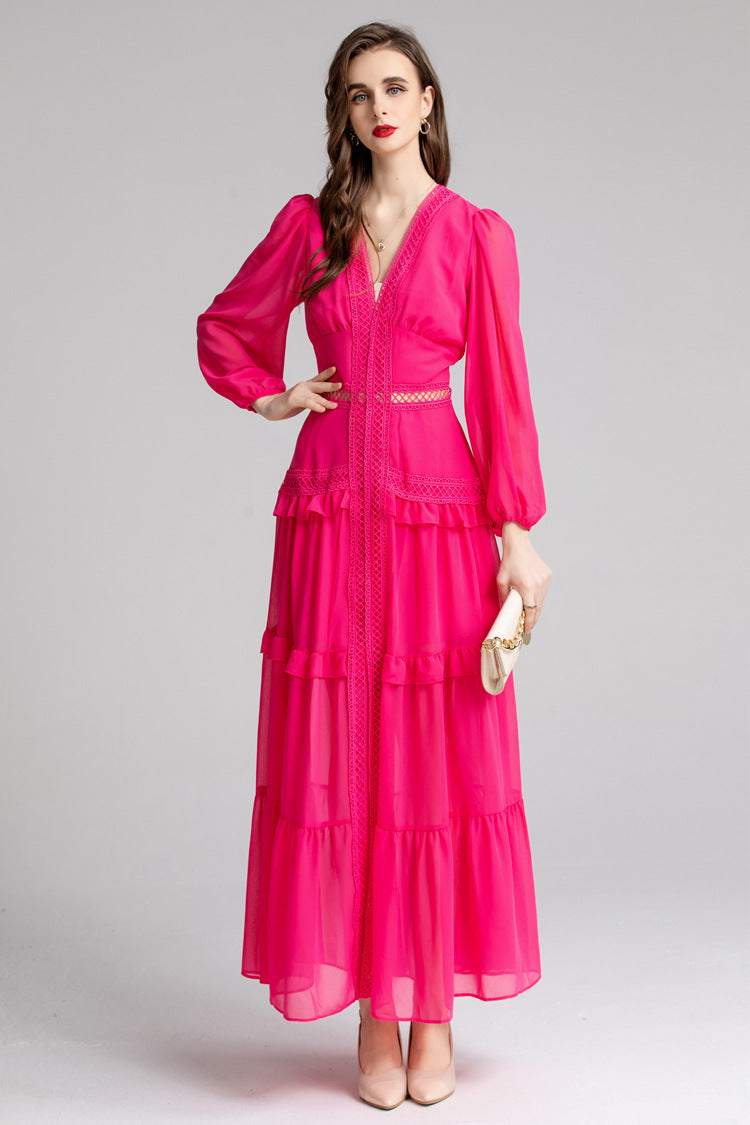 women's long dress with ruffle details