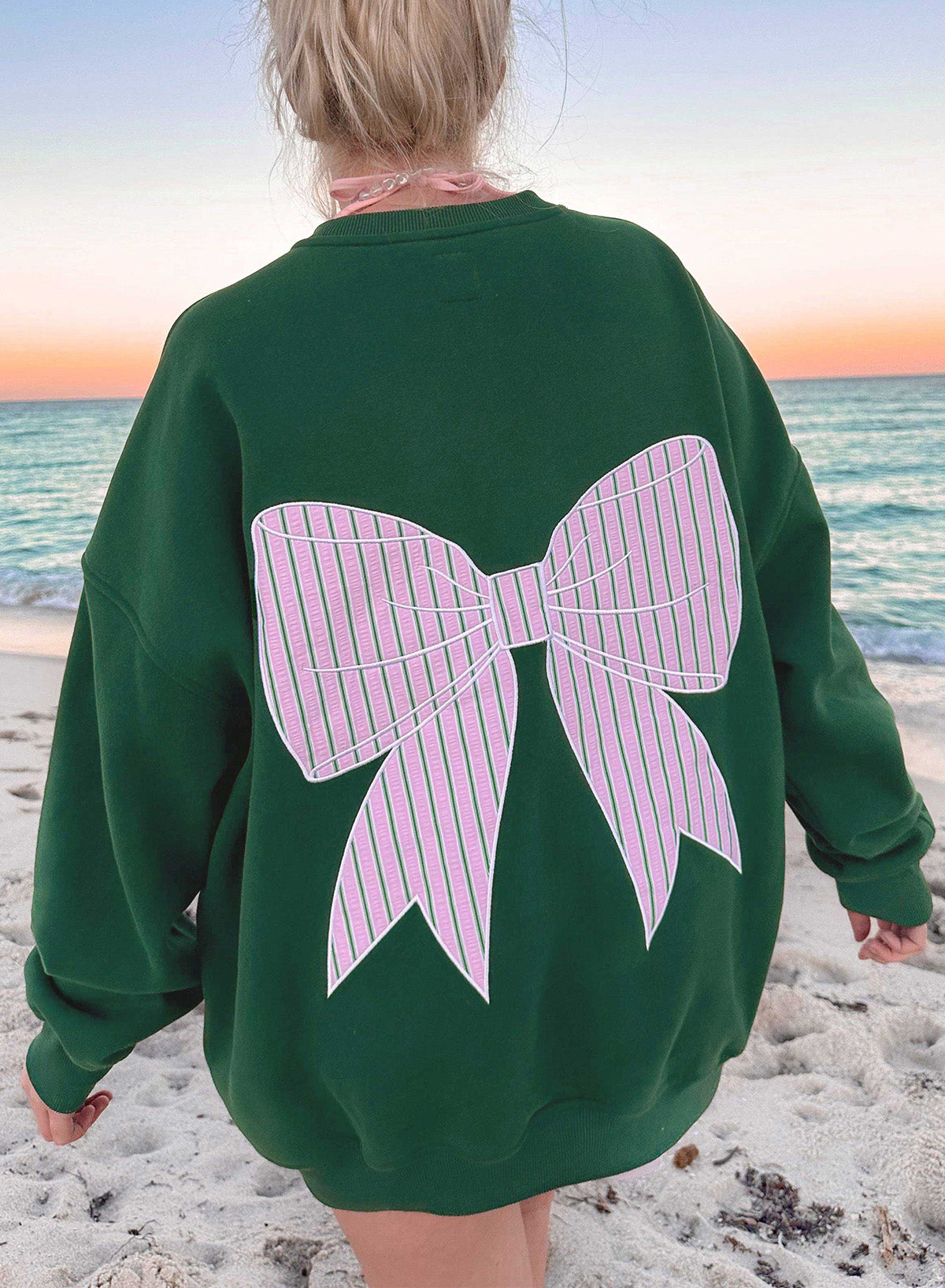 Blackish Green Striped Bow Graphic Oversized Sweatshirt