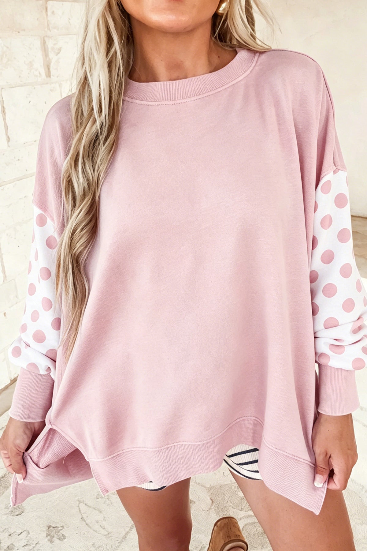 Pink Polka Dot Patchwork Sleeve Crew Neck Loose Pullover Sweatshirt