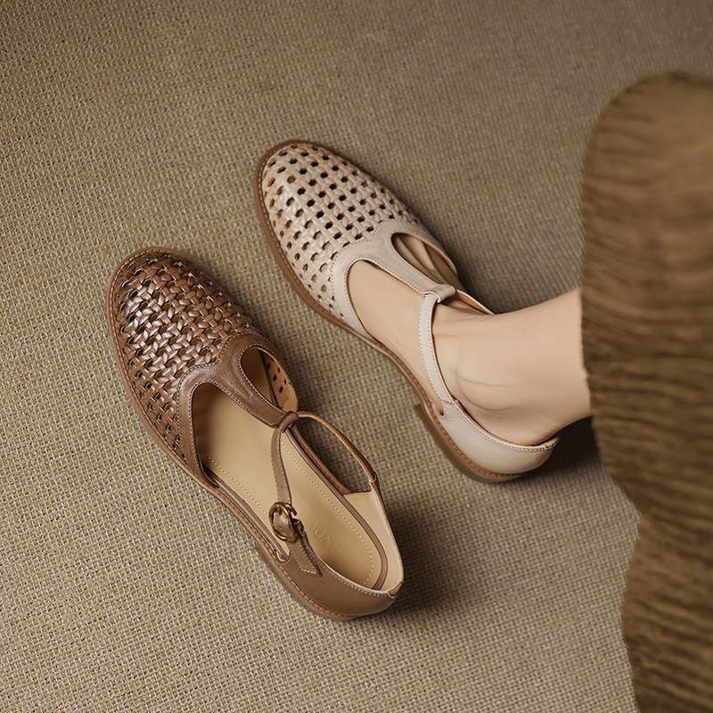 woven hollowed-out leather thick-heeled women's shoes