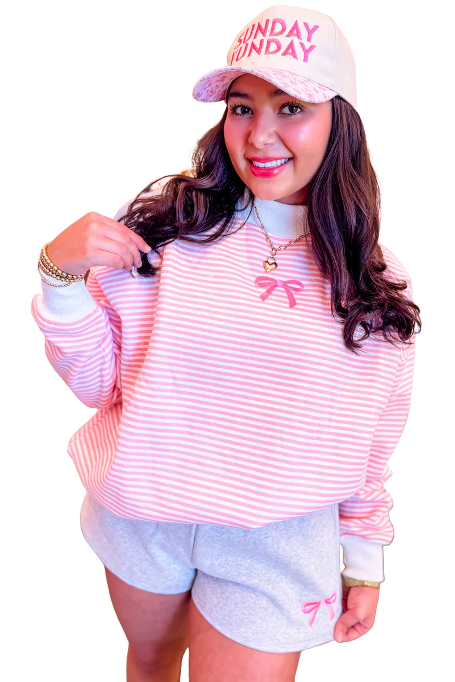 Pink Stripe Bow Embroidered Bow Contrast High Neck Baggy Sweatshirt