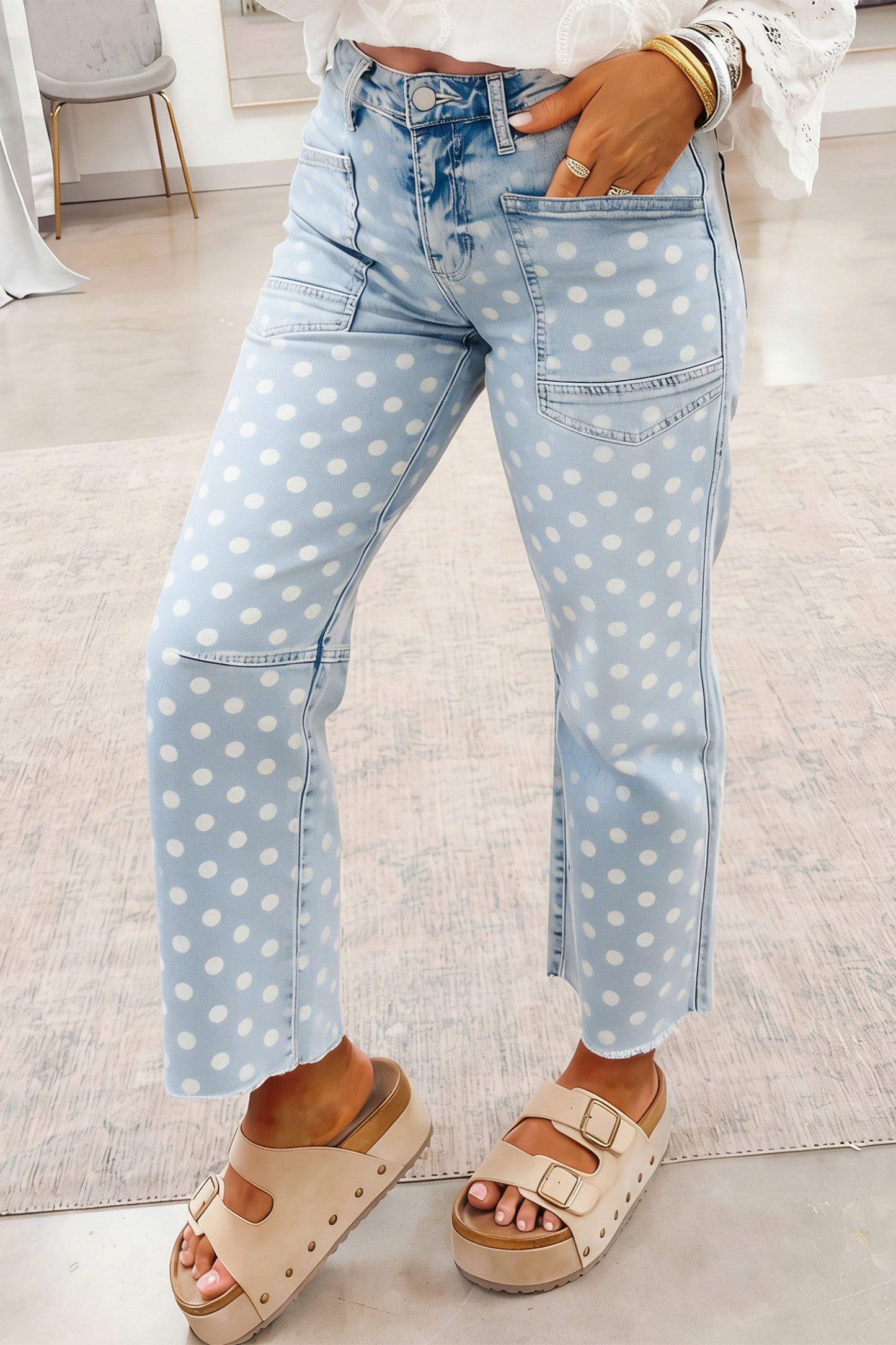 Sky Blue Polka Dot Casual Slim Fit Jeans