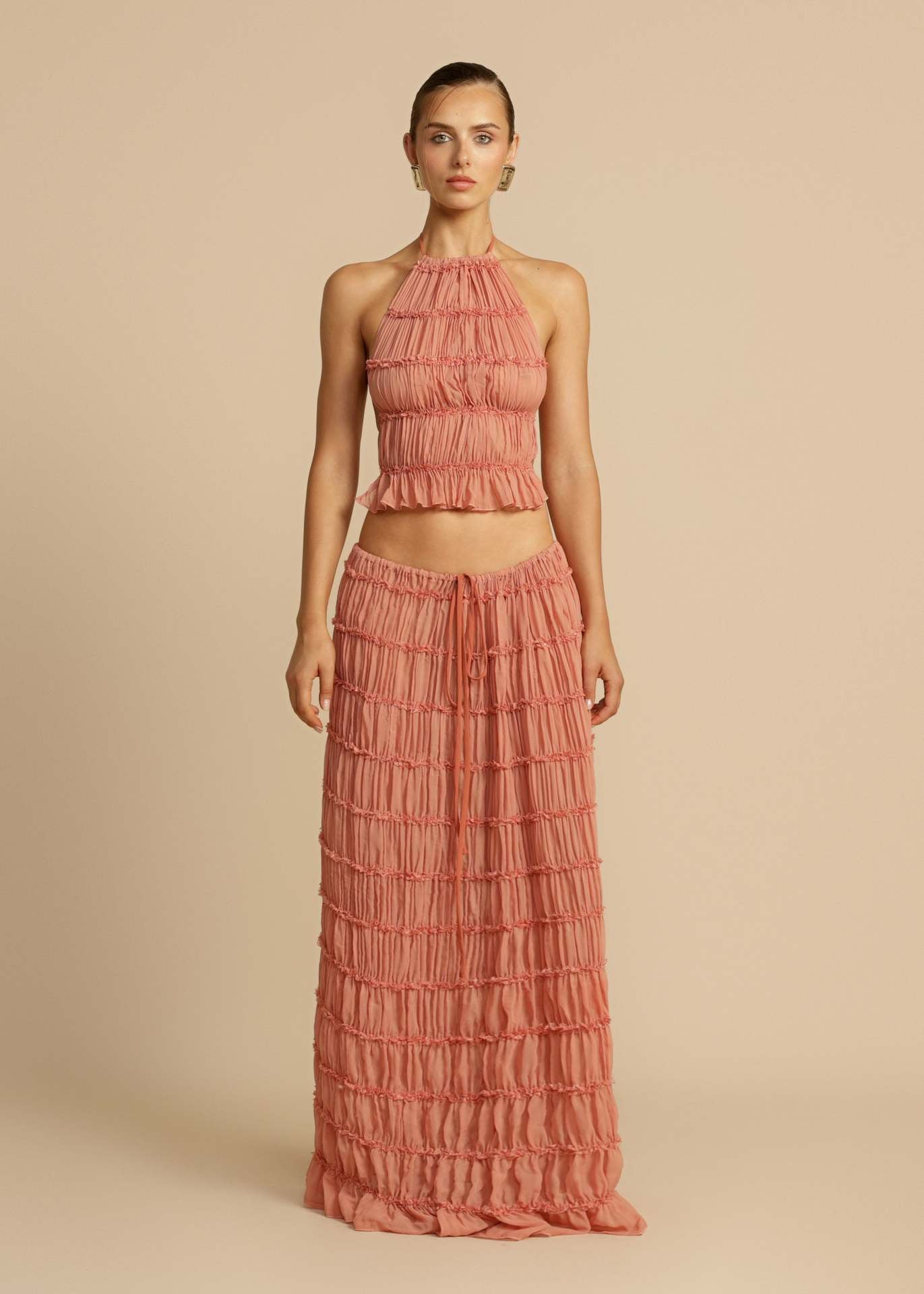 halter-neck crinkled style 2 piece set. top and skirt