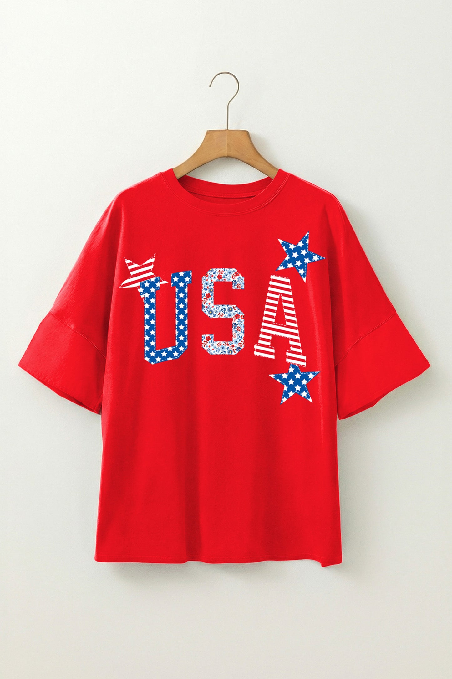 Fiery Red USA Patriotic Star Patched Oversize Tee