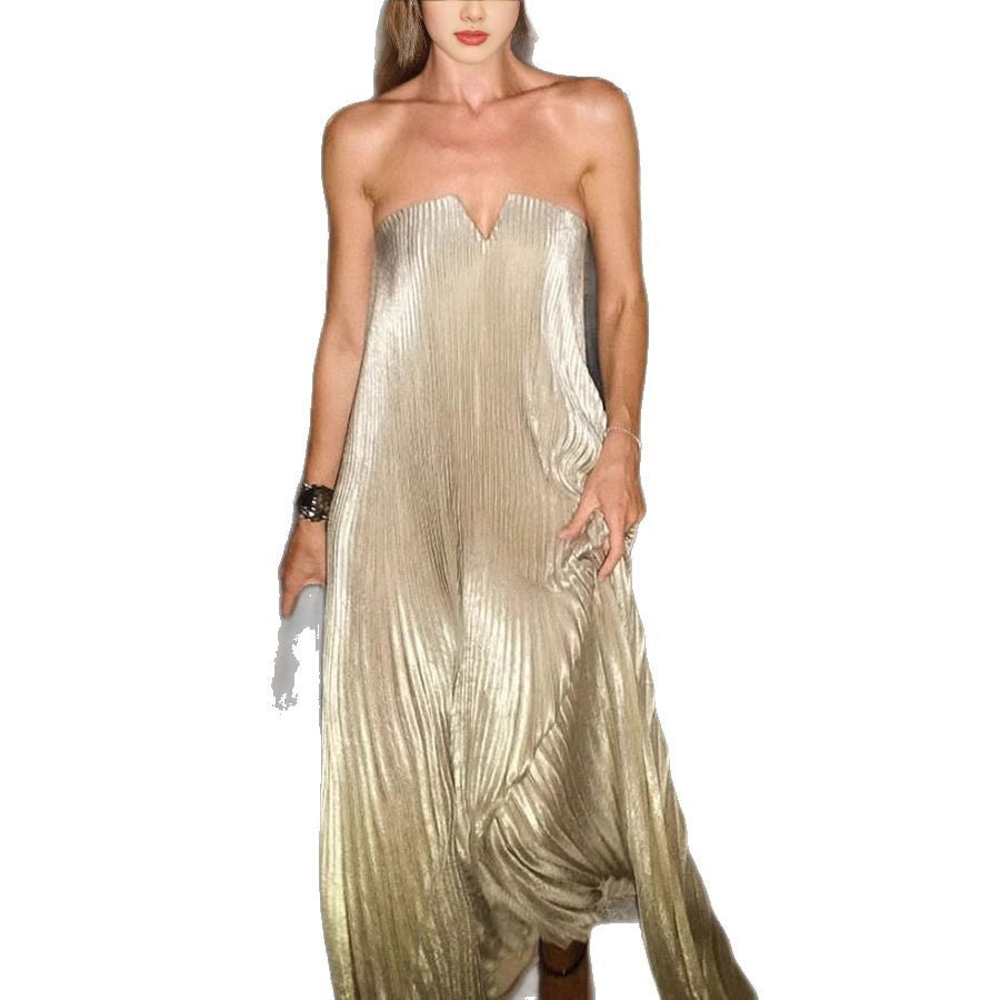 Shimmering strapless pleated gown