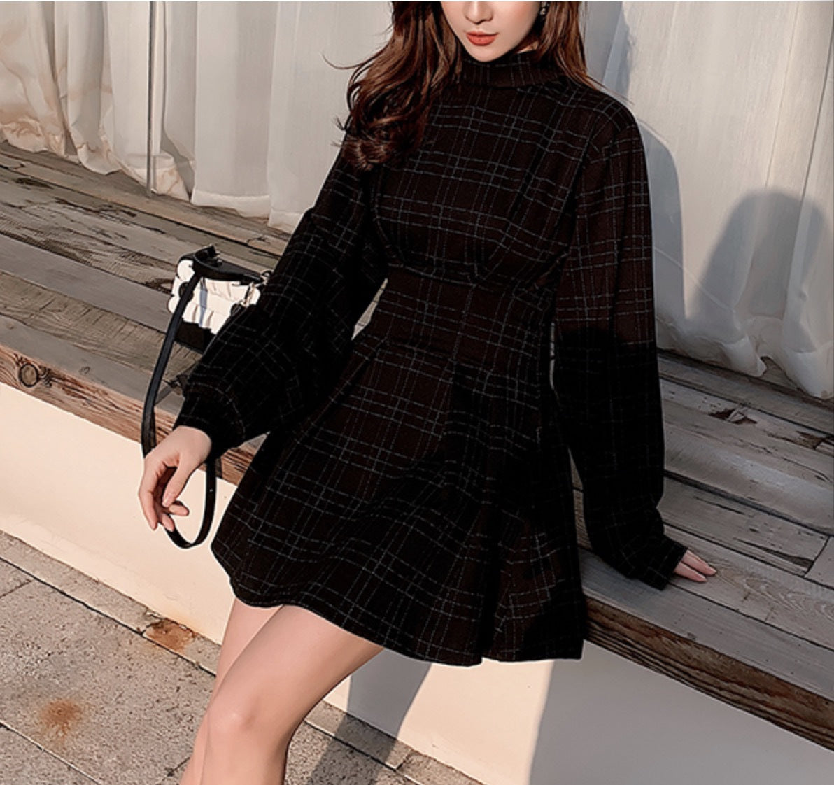 Plaid waist-cinching dress, little black dress