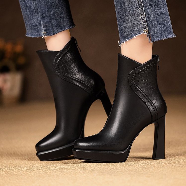 round-toed high-heeled ankle boots for women