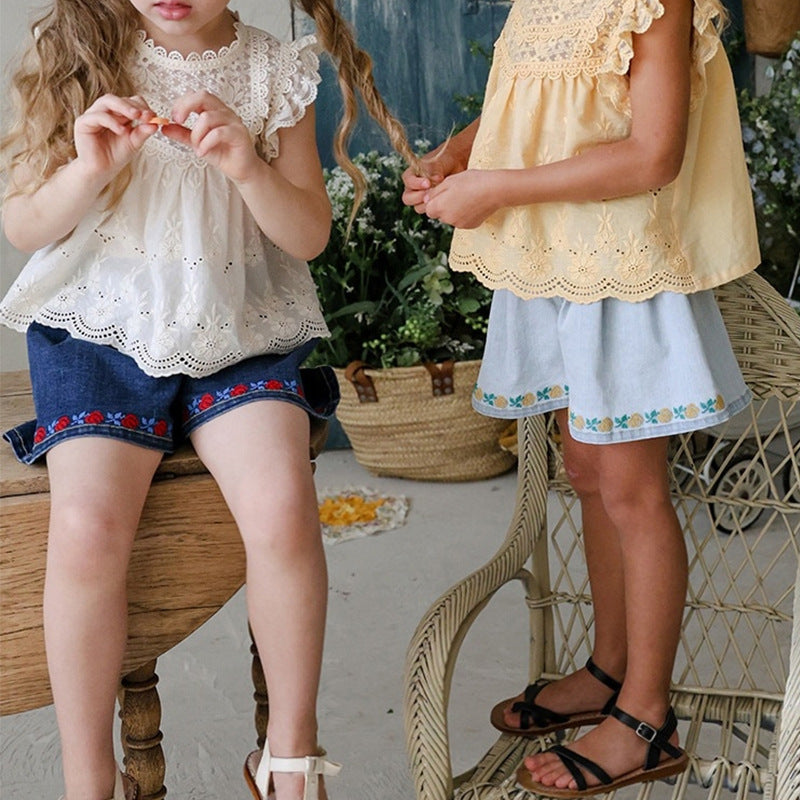 Strawberry Children's Embroidered flower Loose wide-leg Denim shorts