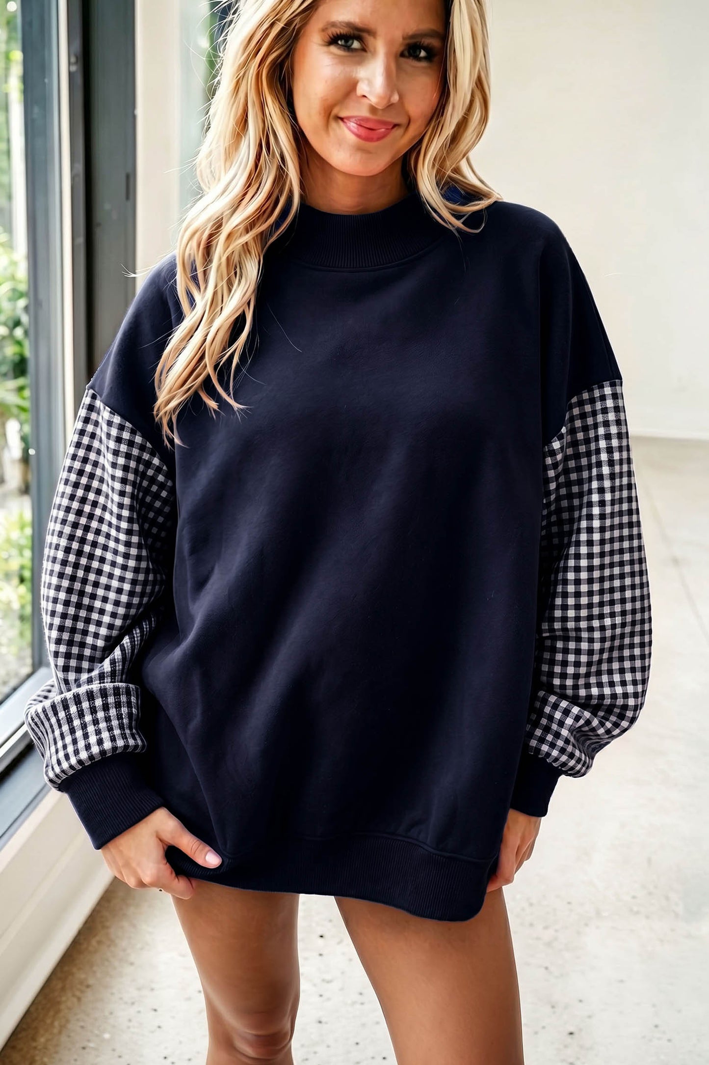 Pink Plaid Sleeve Colorblock Loose Tunic Sweatshirt