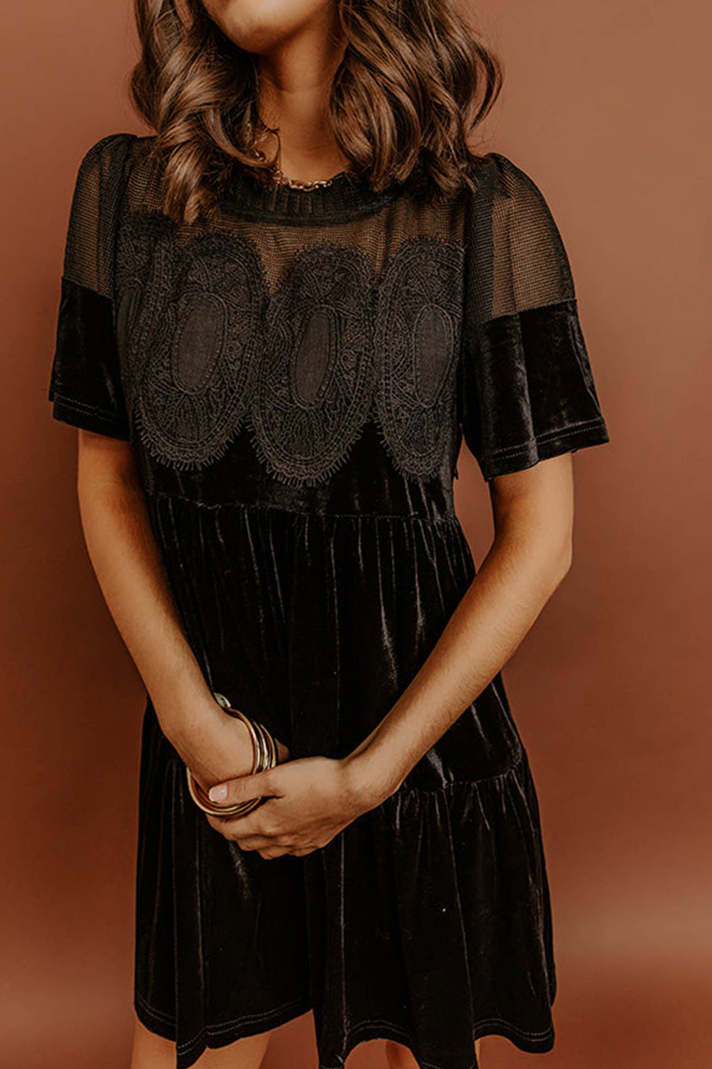Black Embroidered Velvet Short Sleeve Mini Shift Dress