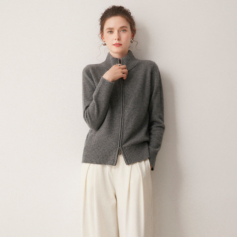 100% cashmere women's high-neck zipper knitted cardigan