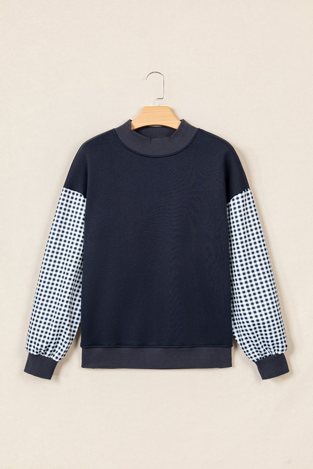 Navy Blue Plaid Sleeve Colorblock Loose Tunic Sweatshirt