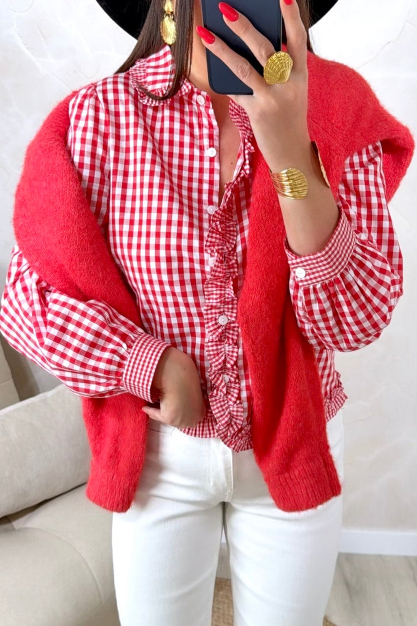 Red Plaid Frill Collar Long Sleeve Casual Shift Shirt